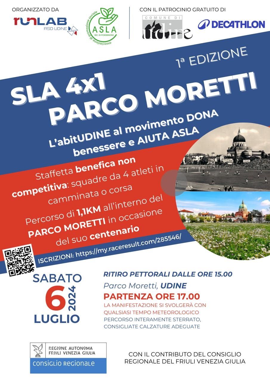 Sabato 6 luglio a Udine la prima staffetta 4x1 ora a favore di ASLA per il centenario del Parco Moretti