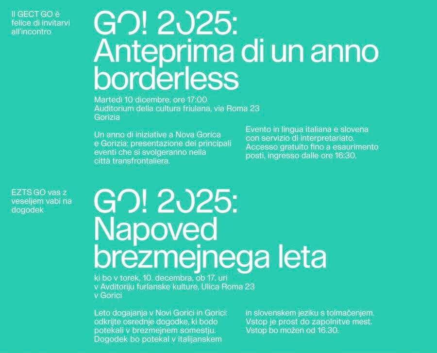 GO! 2025 Capitale Europea della Cultura: martedì 10 dicembre a Gorizia in ANTEPRIMA gli EVENTI 2025