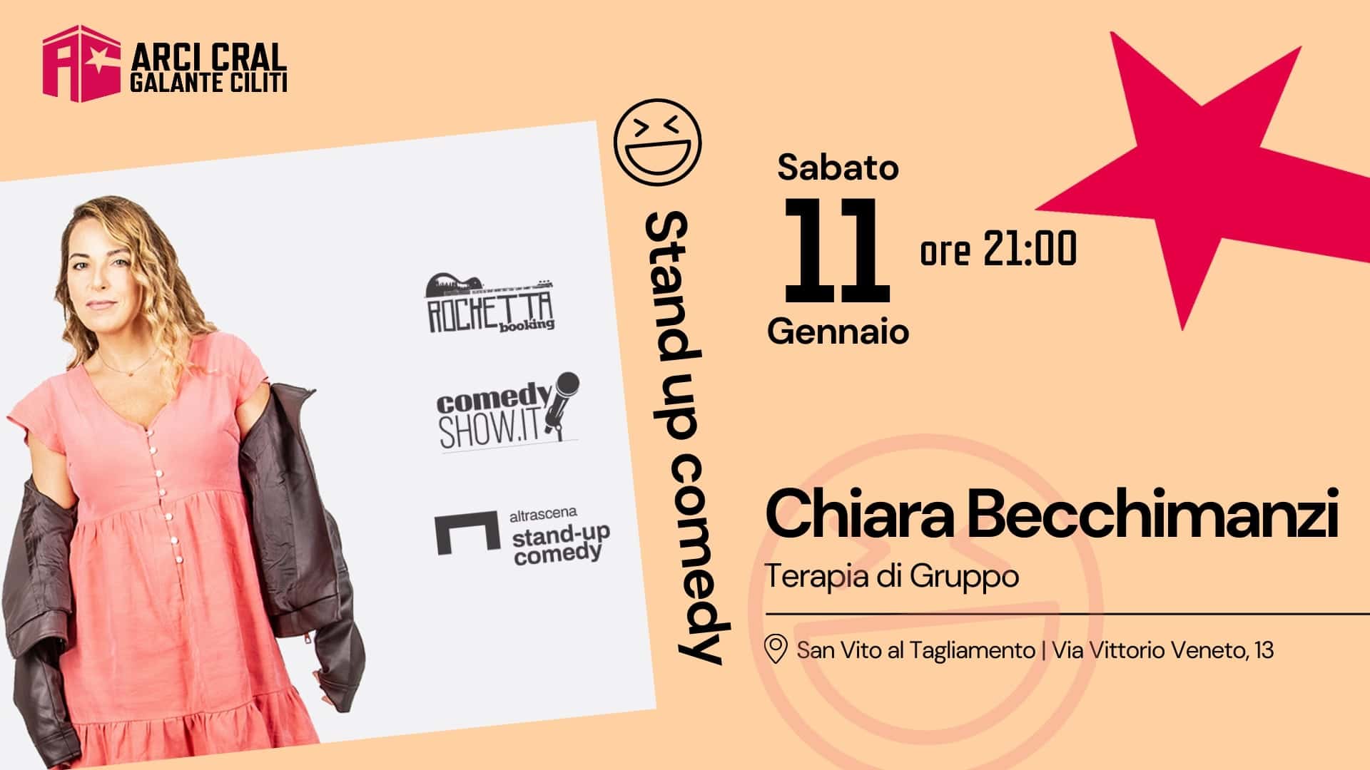 ARCI CRAL - primo appuntamento con la rassegna di STAND UP COMEDY: sabato 11 gennaio a San Vito al Tagliamento arriva Chiara Becchimanzi