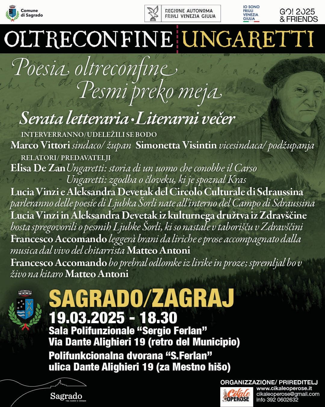 “OLTRECONFINE UNGARETTI” MERCOLEDÌ 19 MARZO IL RECUPERO DELL’INCONTRO DI SAGRADO