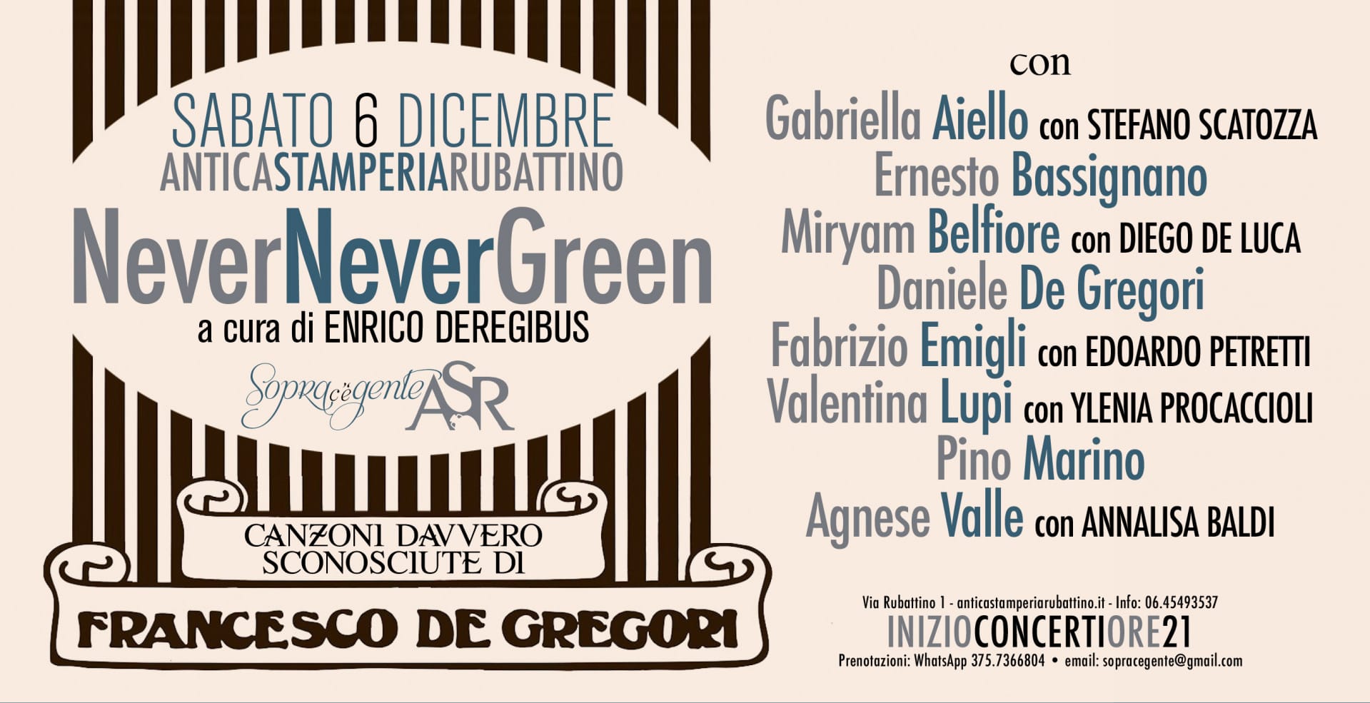 Francesco De Gregori: sabato a Roma una serata-omaggio alle sue canzoni sconosciute