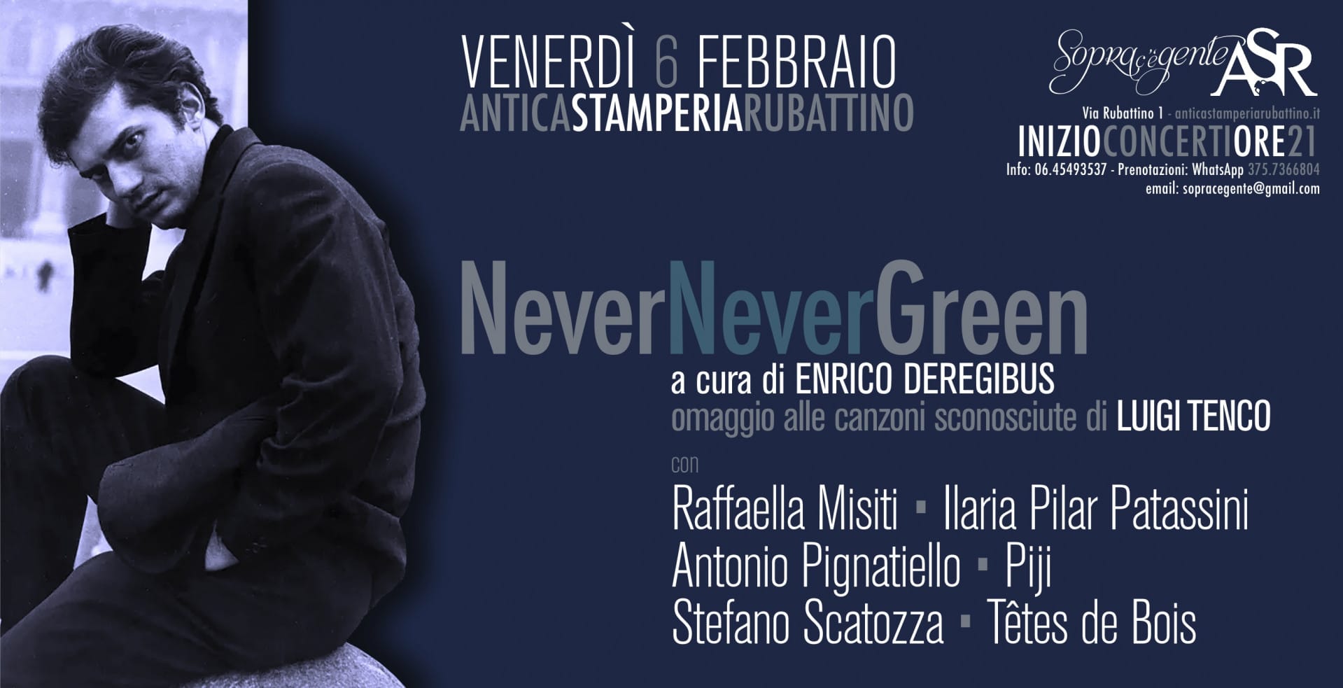 NEVERNEVERGREEN: A ROMA UNA SERATA OMAGGIO ALLE CANZONI NASCOSTE DI LUIGI TENCO