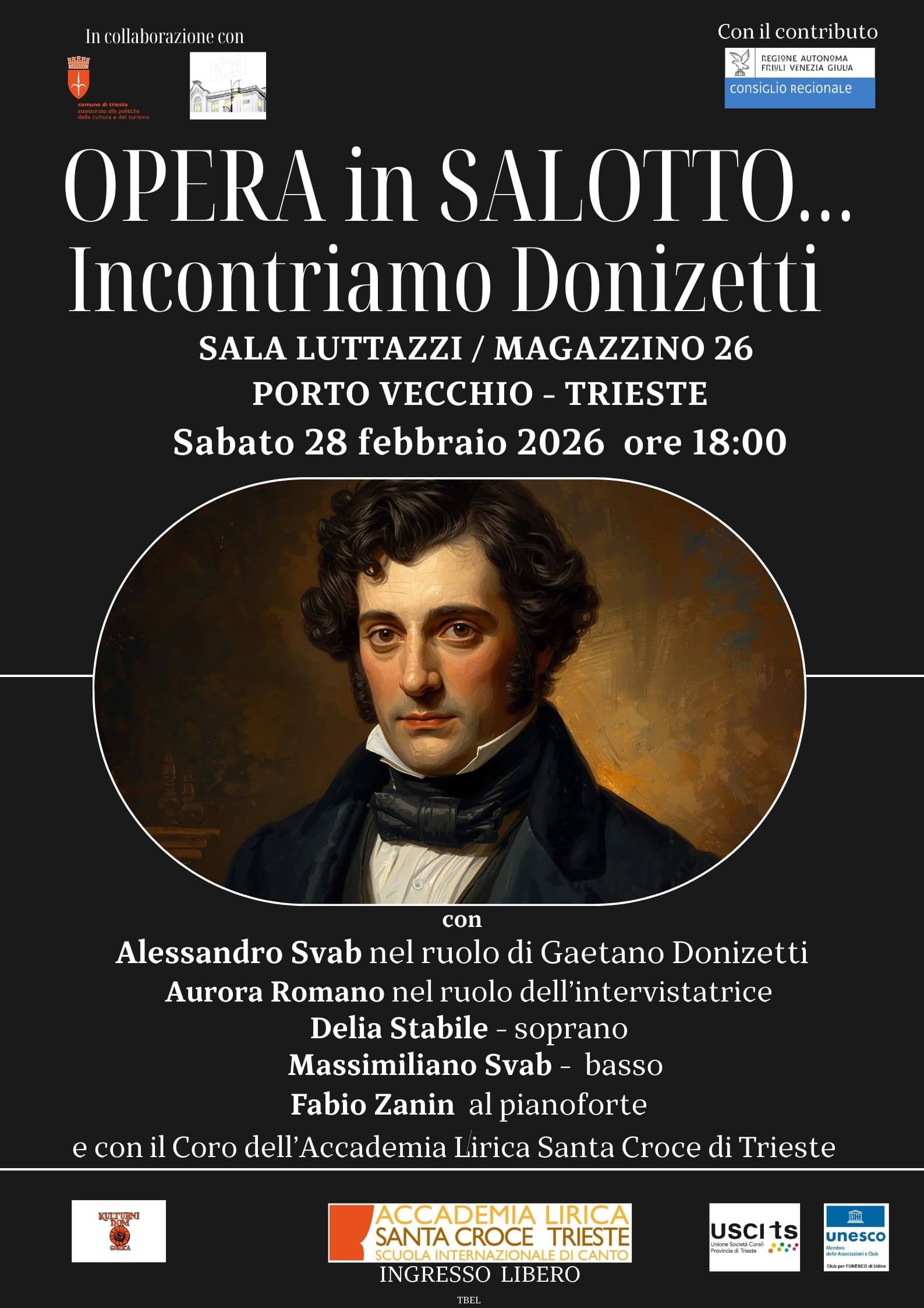 Spettacolo-concerto “Opera in Salotto… Incontriamo Donizetti”_ sabato 28 febbraio_Magazzino 26_Trieste