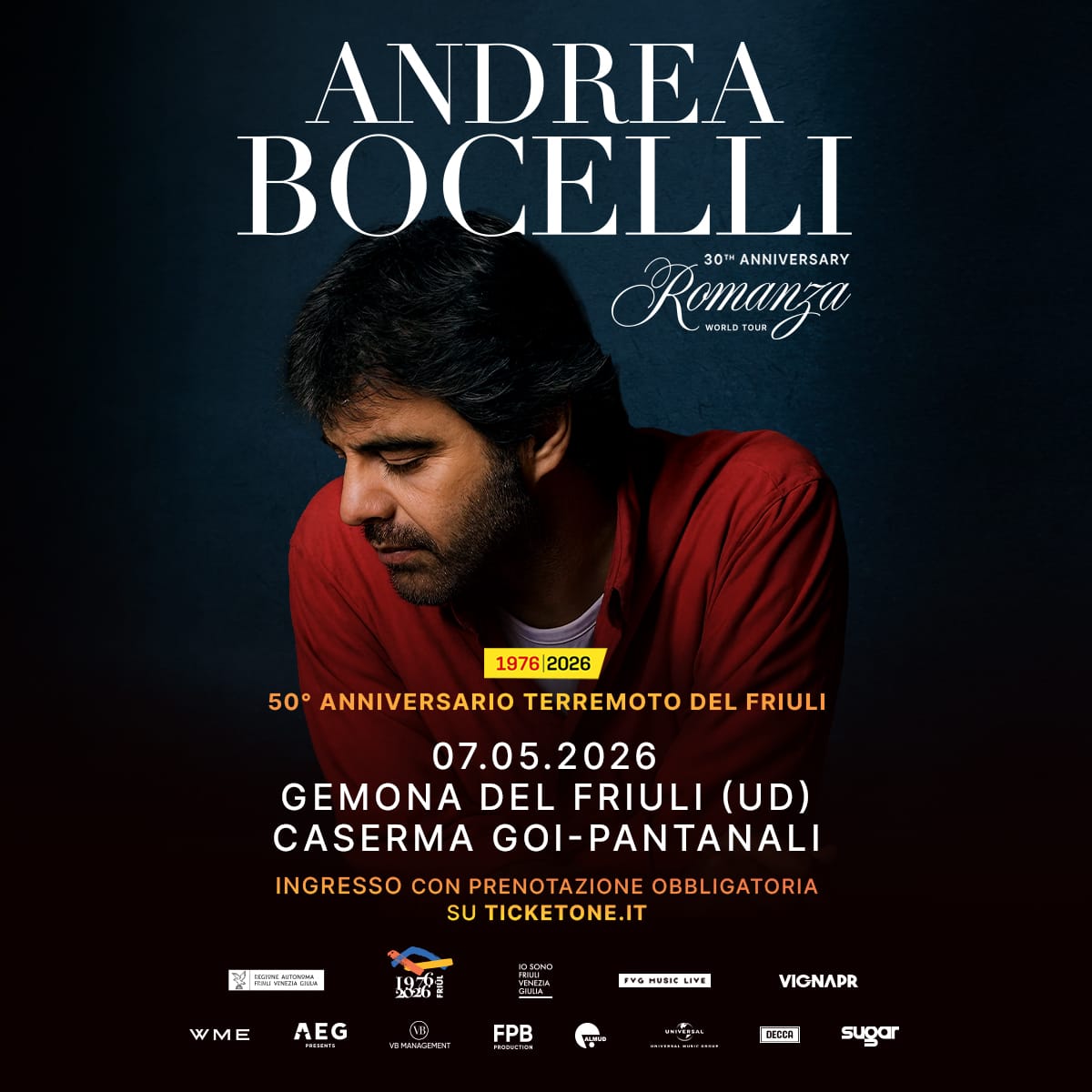 ANDREA BOCELLI in concerto a Gemona del Friuli il 7 maggio 2026 per rendere omaggio alle vittime del terremoto del Friuli nel cinquantesimo